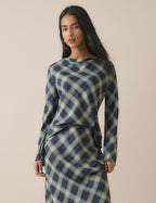 Navy Check Cowl Neck Top