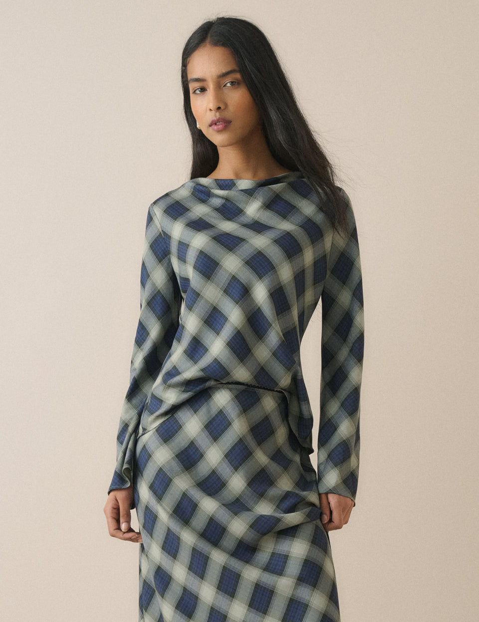 Navy Check Cowl Neck Top