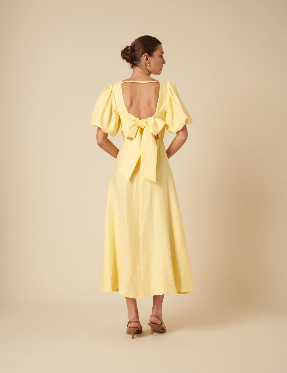 Butter Yellow Puff Sleeve Zola Midi Dress