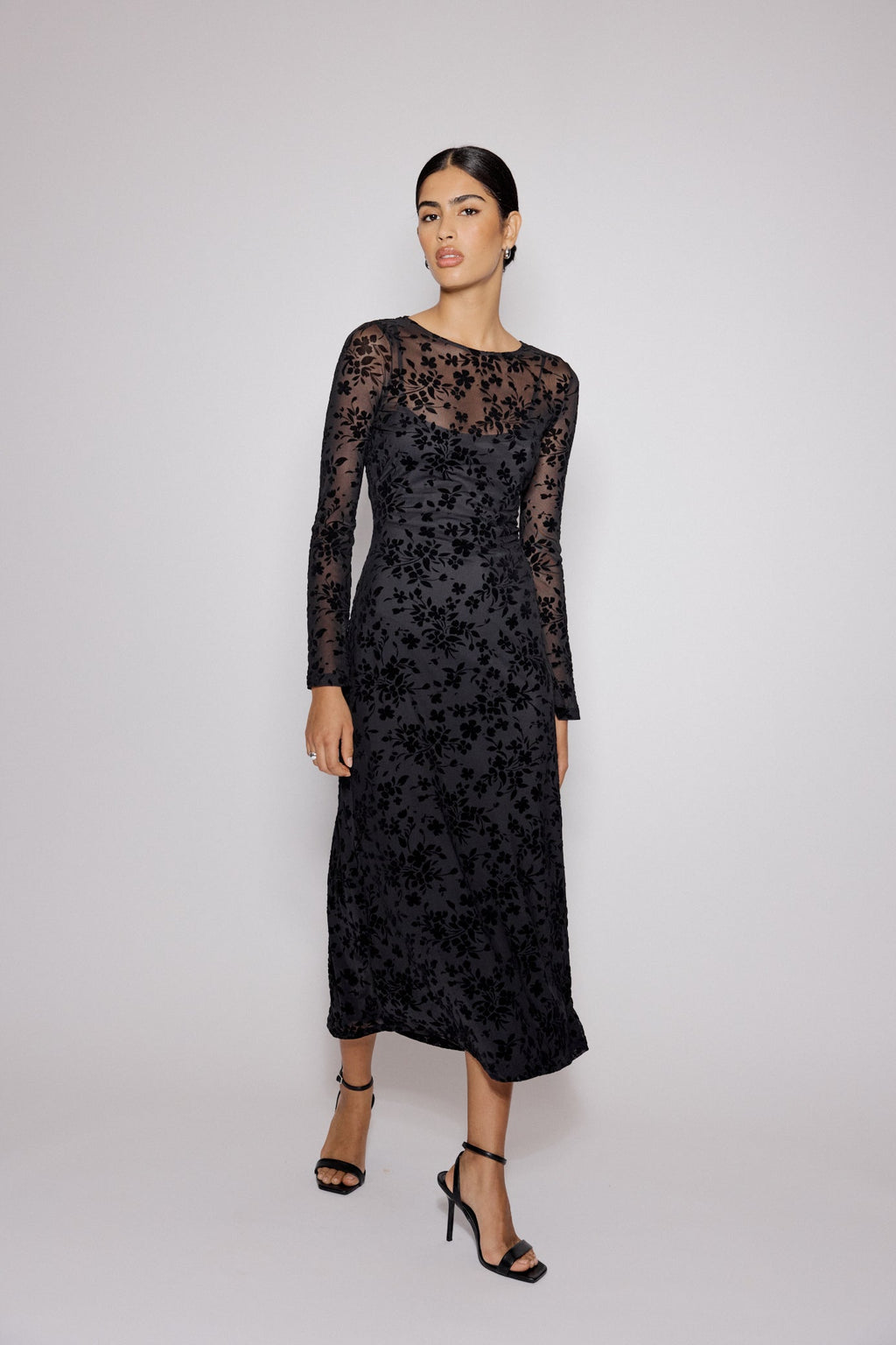 Black Floral Jaquard Velvet Stretch Mesh Midi Dress
