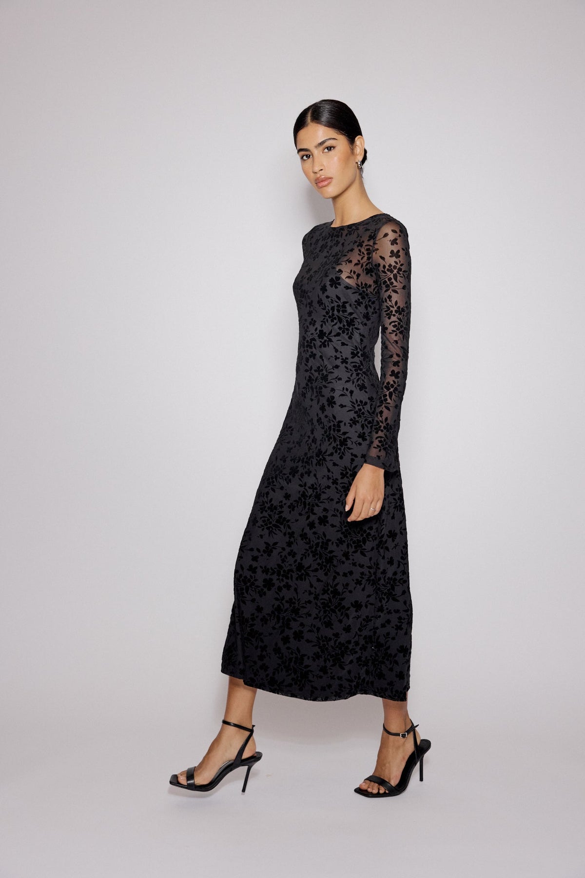 Black Floral Jaquard Velvet Stretch Mesh Midi Dress