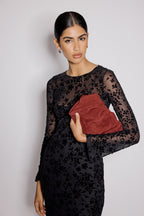 Black Floral Jaquard Velvet Stretch Mesh Midi Dress