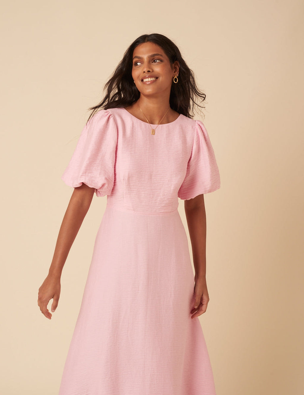 Baby Pink Puff Sleeve Zola Midi Dress