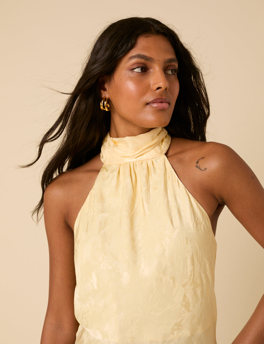 Butter Yellow Floral Satin Fifi Maxi Dress