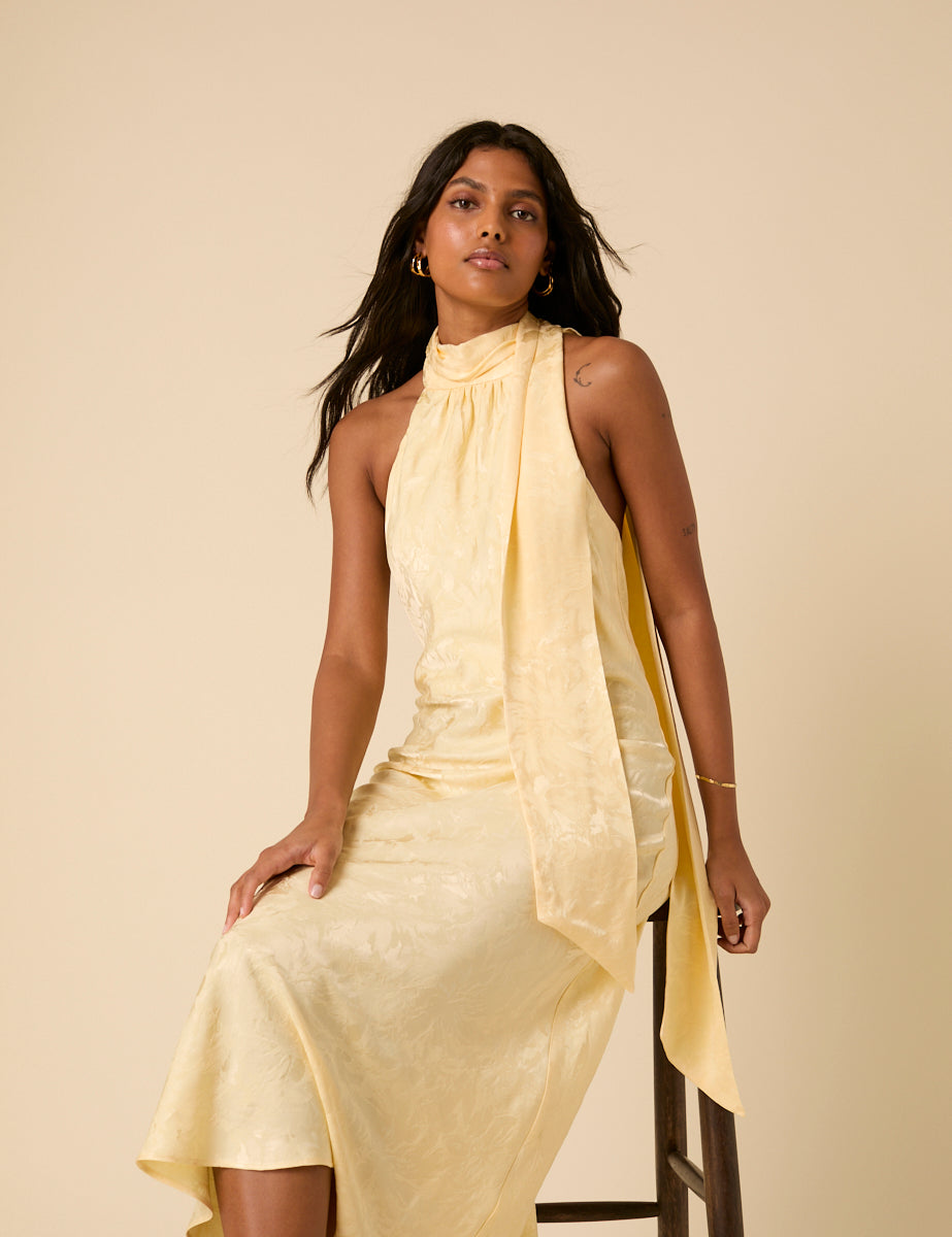 Butter Yellow Floral Satin Fifi Maxi Dress