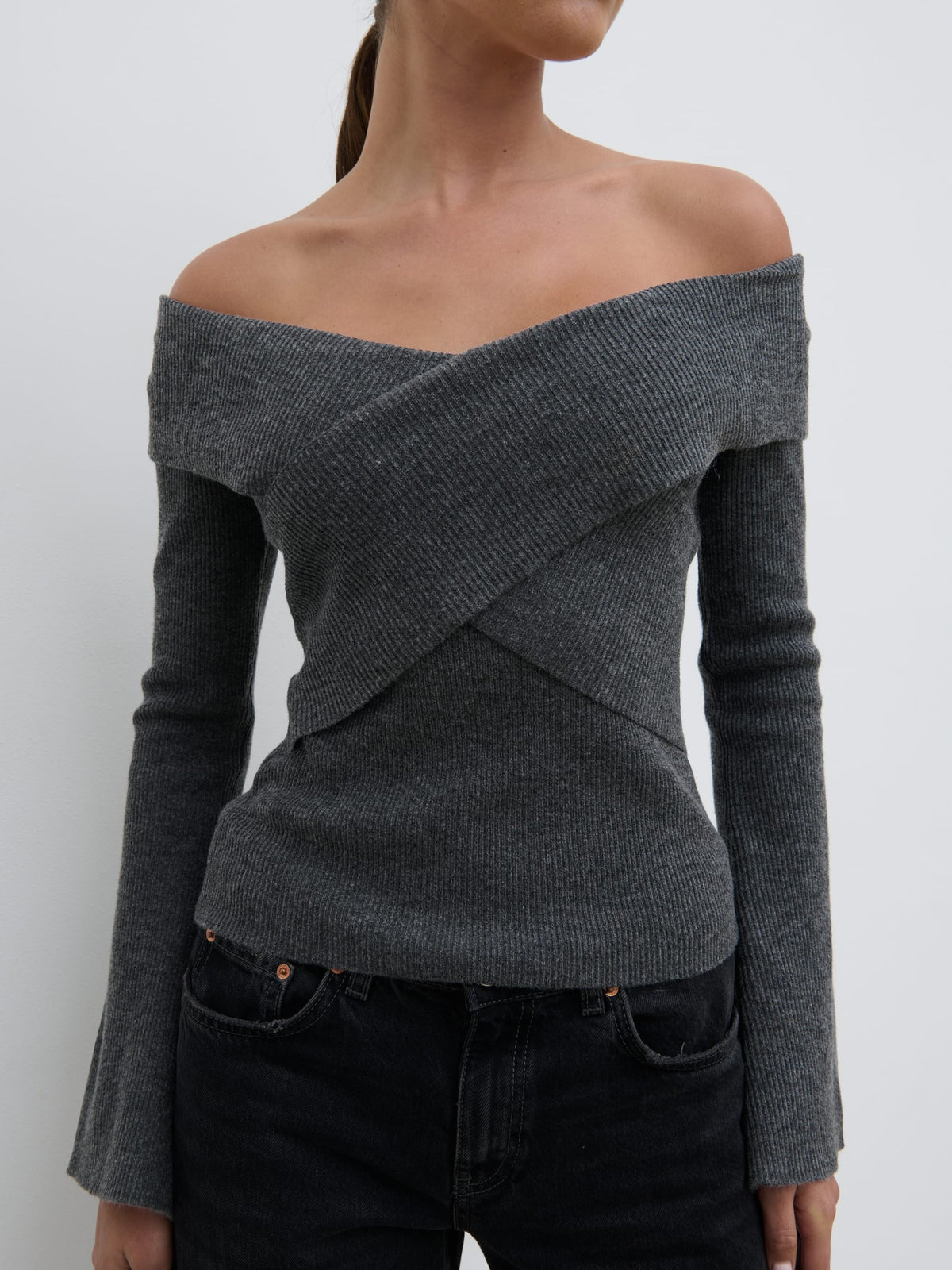 Daphne Cross Over Knit Top - Dark Grey