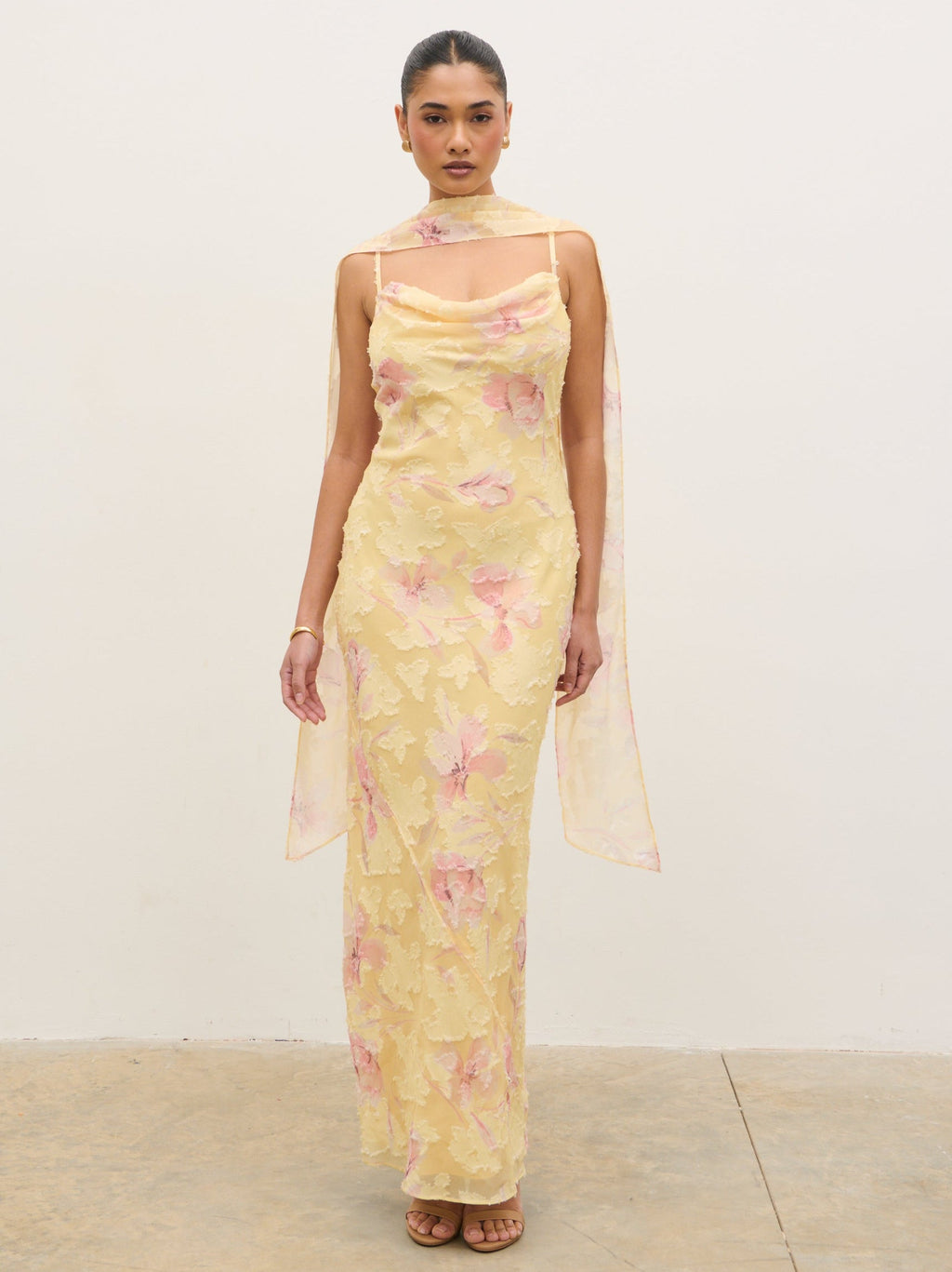 Eden Scarf Jacquard Printed Maxi Dress - Lemon Blush Floral