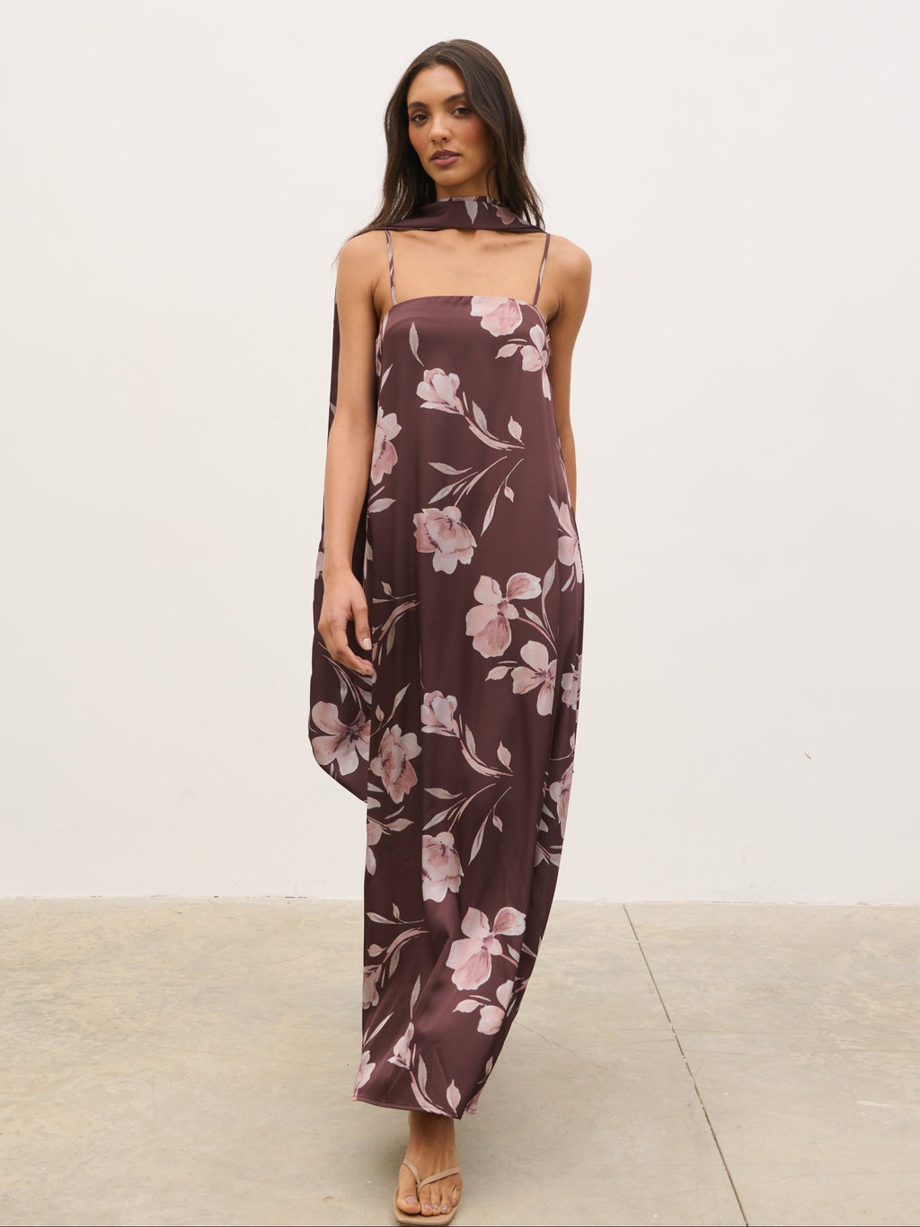 Elowen Scarf A-Line Maxi Dress - Brown Botanical Lily Floral