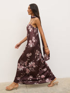 Elowen Scarf A-Line Maxi Dress - Brown Botanical Lily Floral