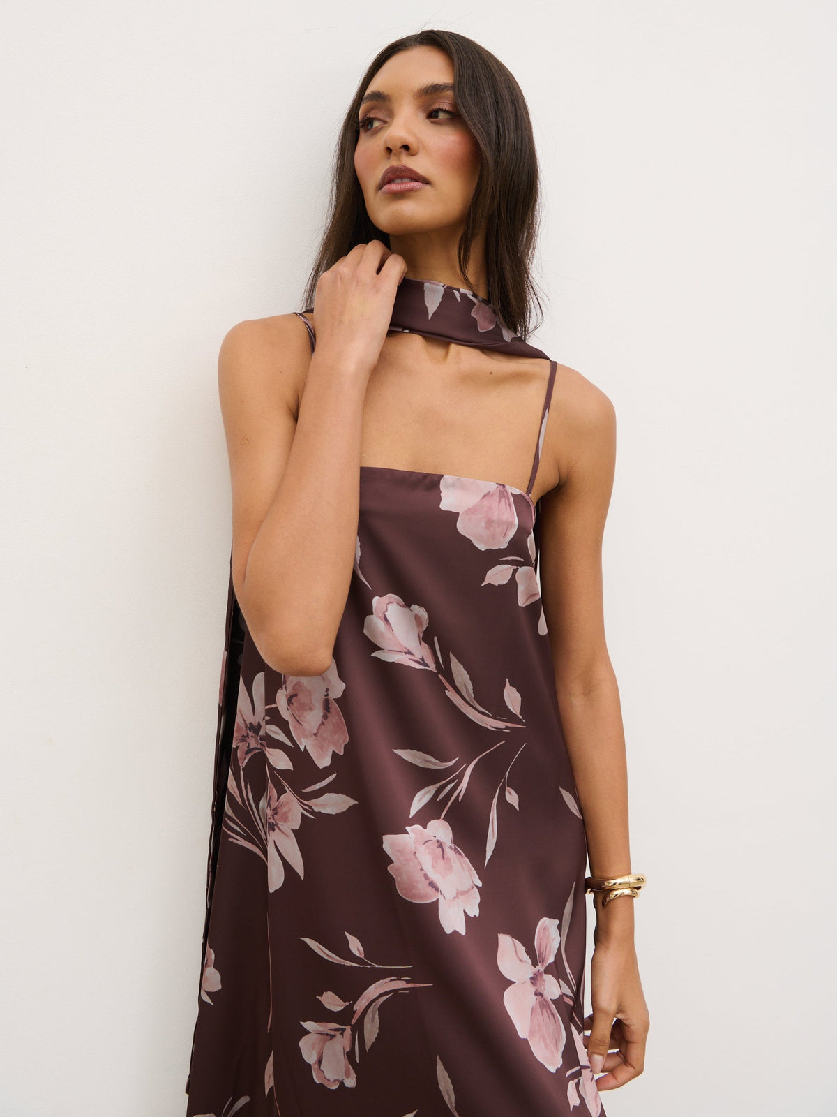 Elowen Scarf A-Line Maxi Dress - Brown Botanical Lily Floral