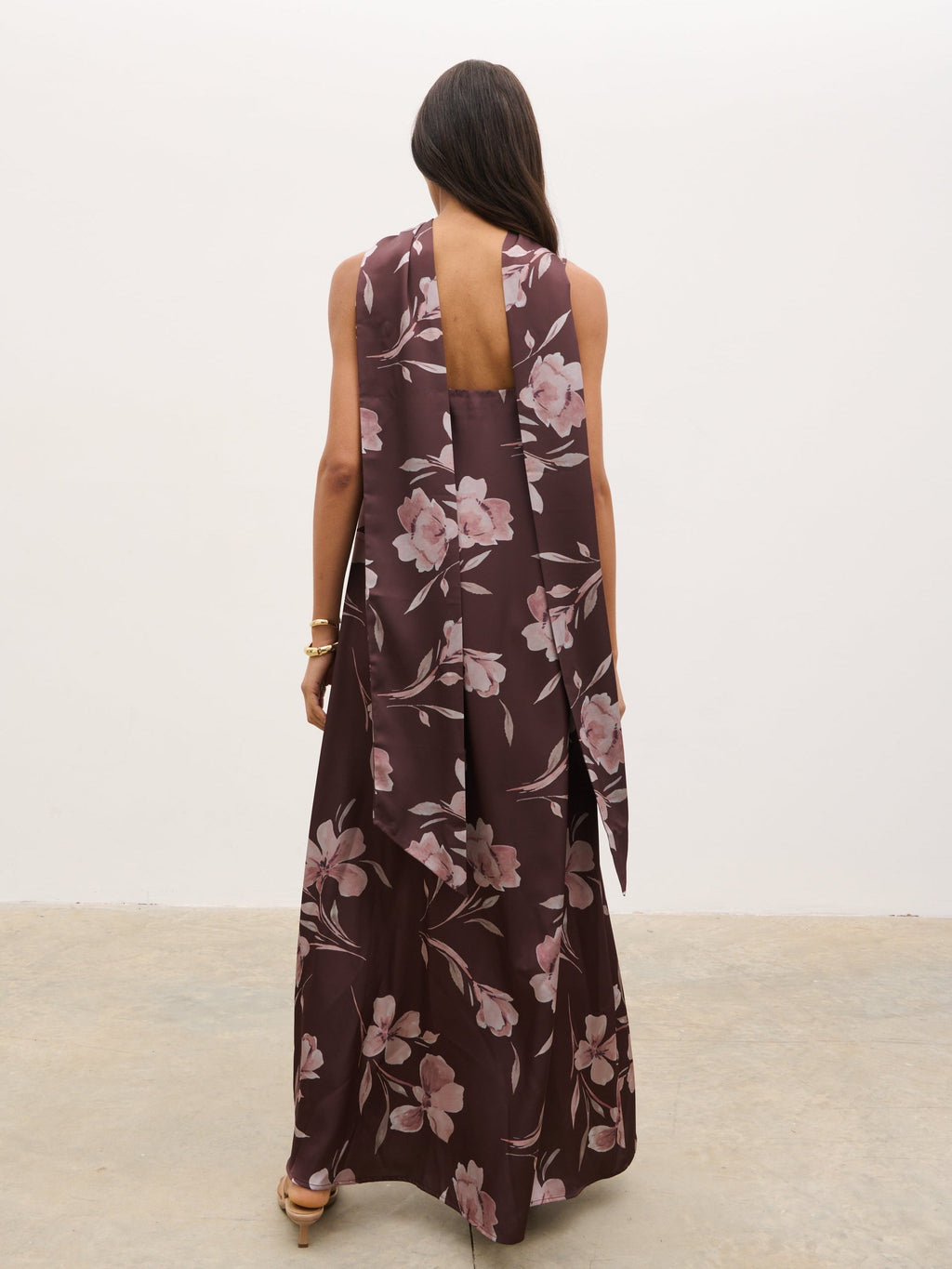 Elowen Scarf A-Line Maxi Dress - Brown Botanical Lily Floral
