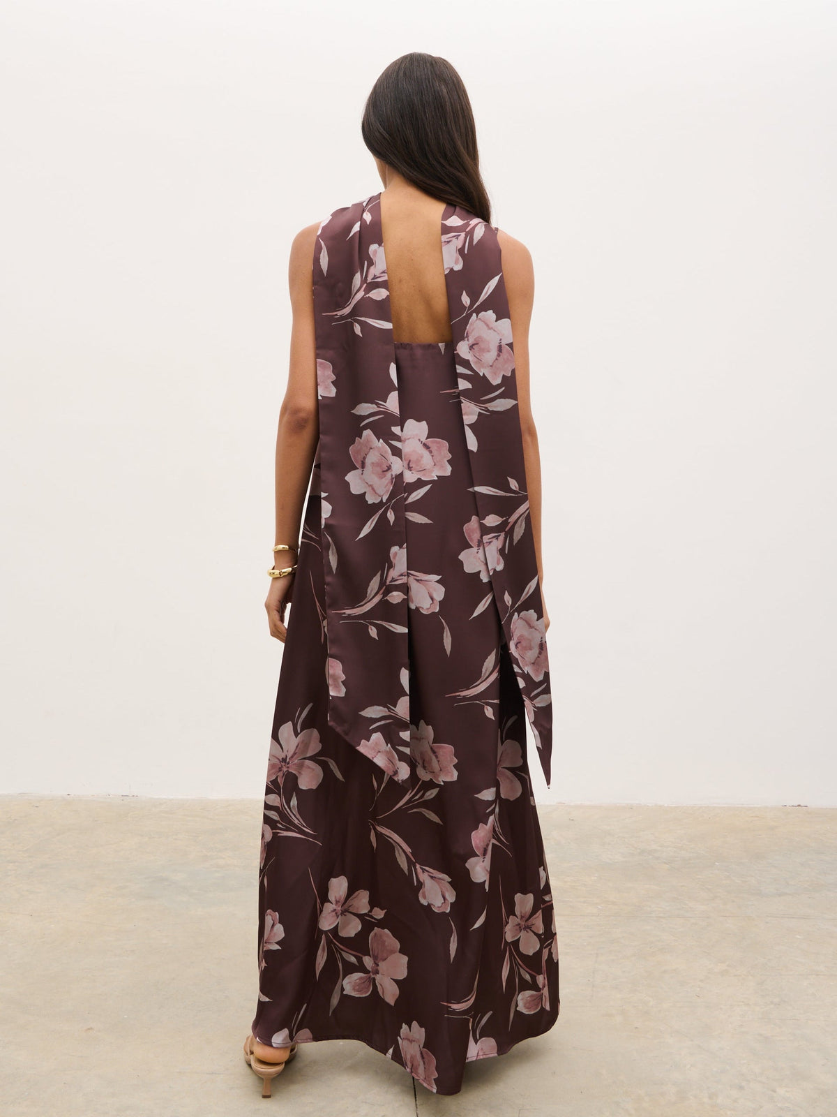 Elowen Scarf A-Line Maxi Dress - Brown Botanical Lily Floral