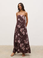 Elowen Scarf A-Line Maxi Dress - Brown Botanical Lily Floral