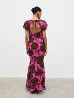 Ester Ruffle Maxi Dress - Brown and Fuchsia Floral