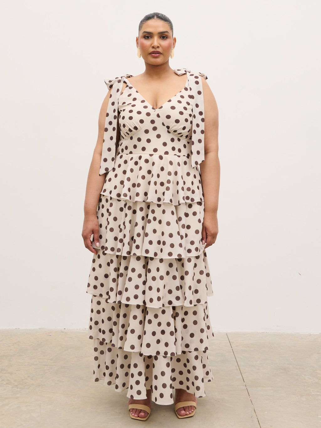 Fiore Tie Ruffle Maxi Dress Curve - Large Brown and Cream Polkadot