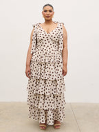 Fiore Tie Ruffle Maxi Dress Curve - Large Brown and Cream Polkadot