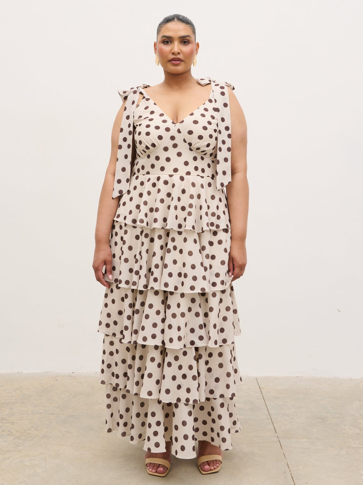 Fiore Tie Ruffle Maxi Dress Curve - Large Brown and Cream Polkadot