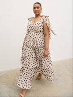 Fiore Tie Ruffle Maxi Dress Curve - Large Brown and Cream Polkadot