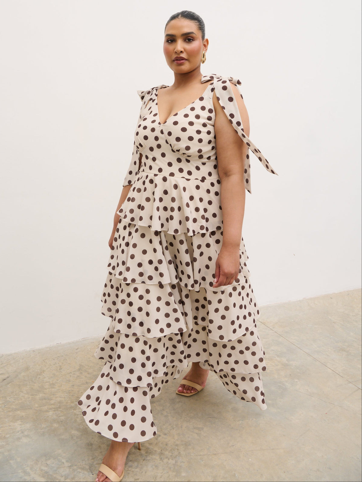 Fiore Tie Ruffle Maxi Dress Curve - Large Brown and Cream Polkadot