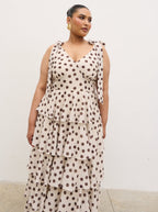 Fiore Tie Ruffle Maxi Dress Curve - Large Brown and Cream Polkadot