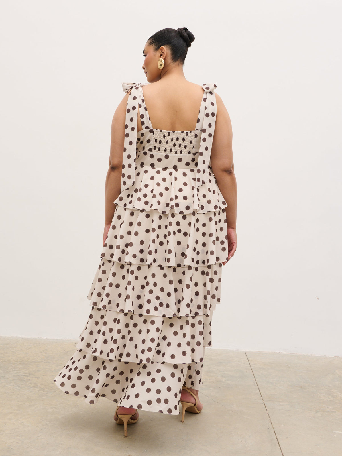 Fiore Tie Ruffle Maxi Dress Curve - Large Brown and Cream Polkadot