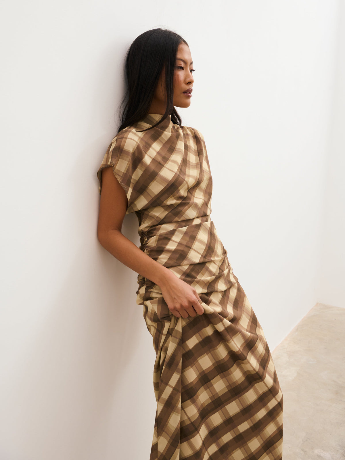 Fletcher Ruched Scarf Maxi Dress - Tartan