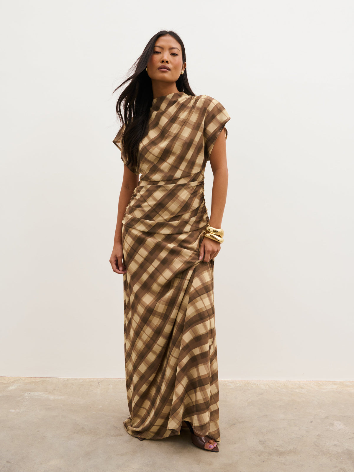 Fletcher Ruched Scarf Maxi Dress - Tartan