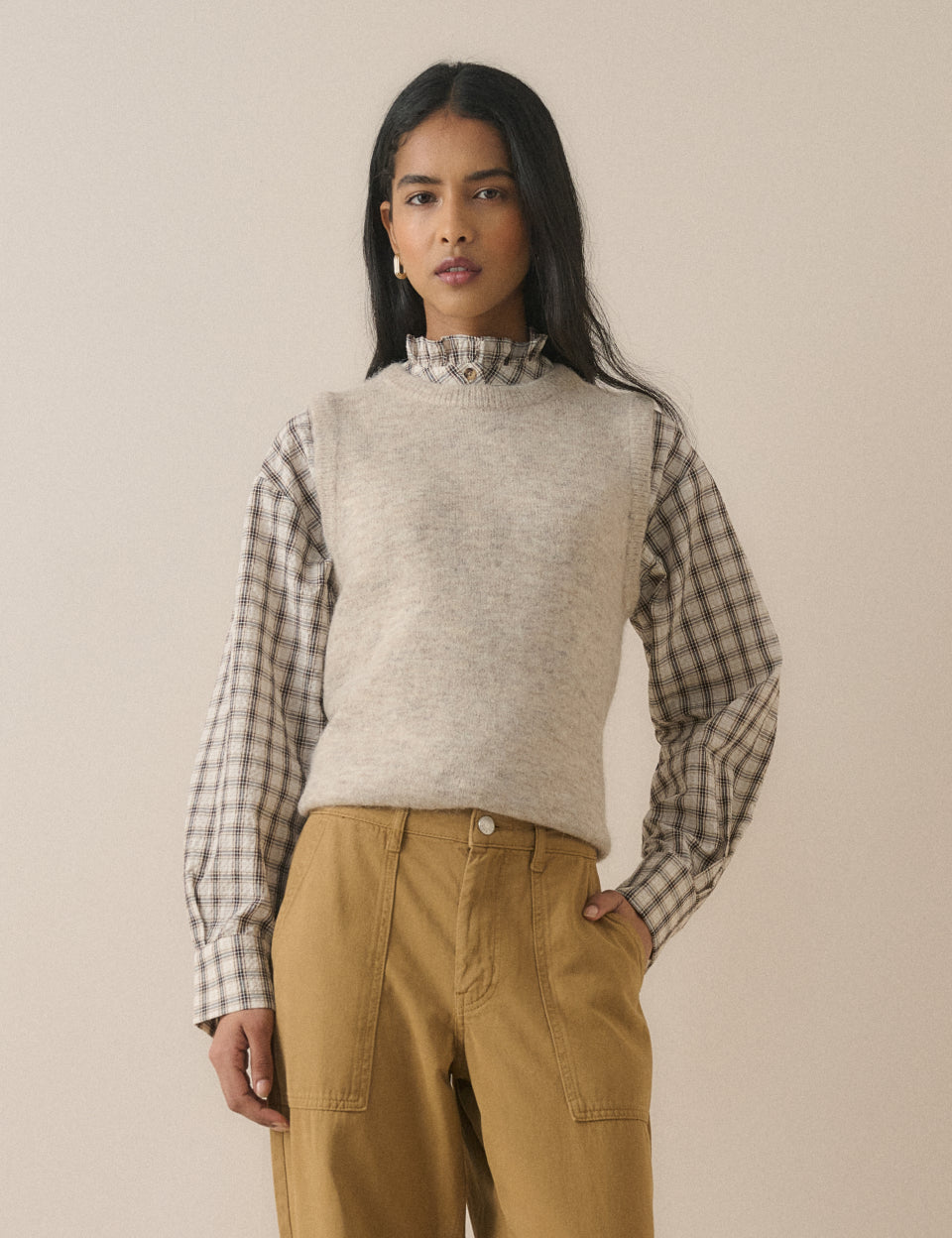 Grey Check Frill Neck Blouse