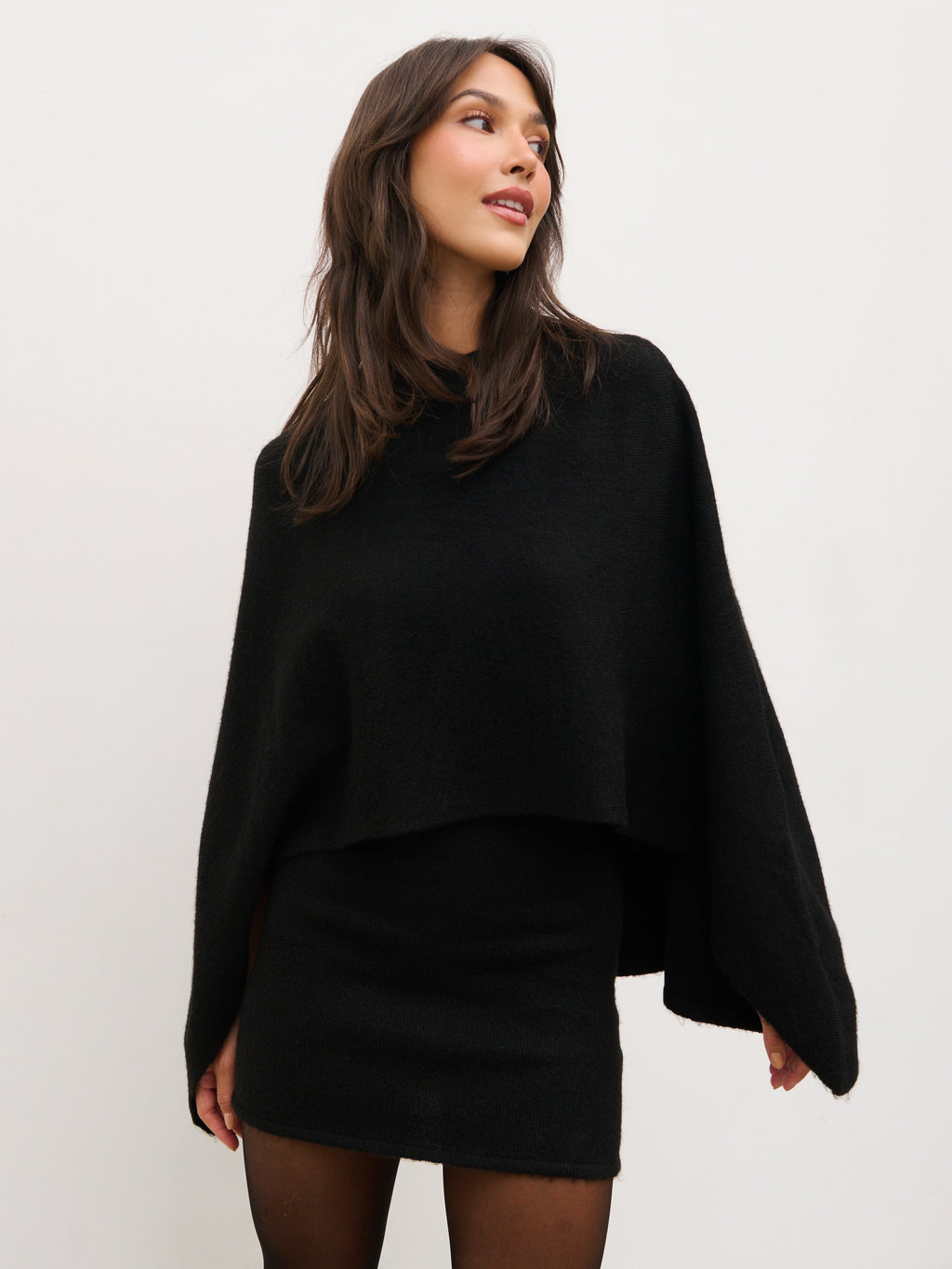 Halle Cape Detail Knit Mini Dress - Black