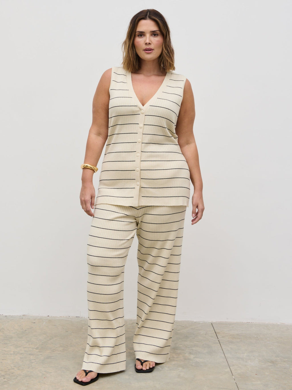 Hattie Stripe Knit Waistcoat Curve - Cream and Black