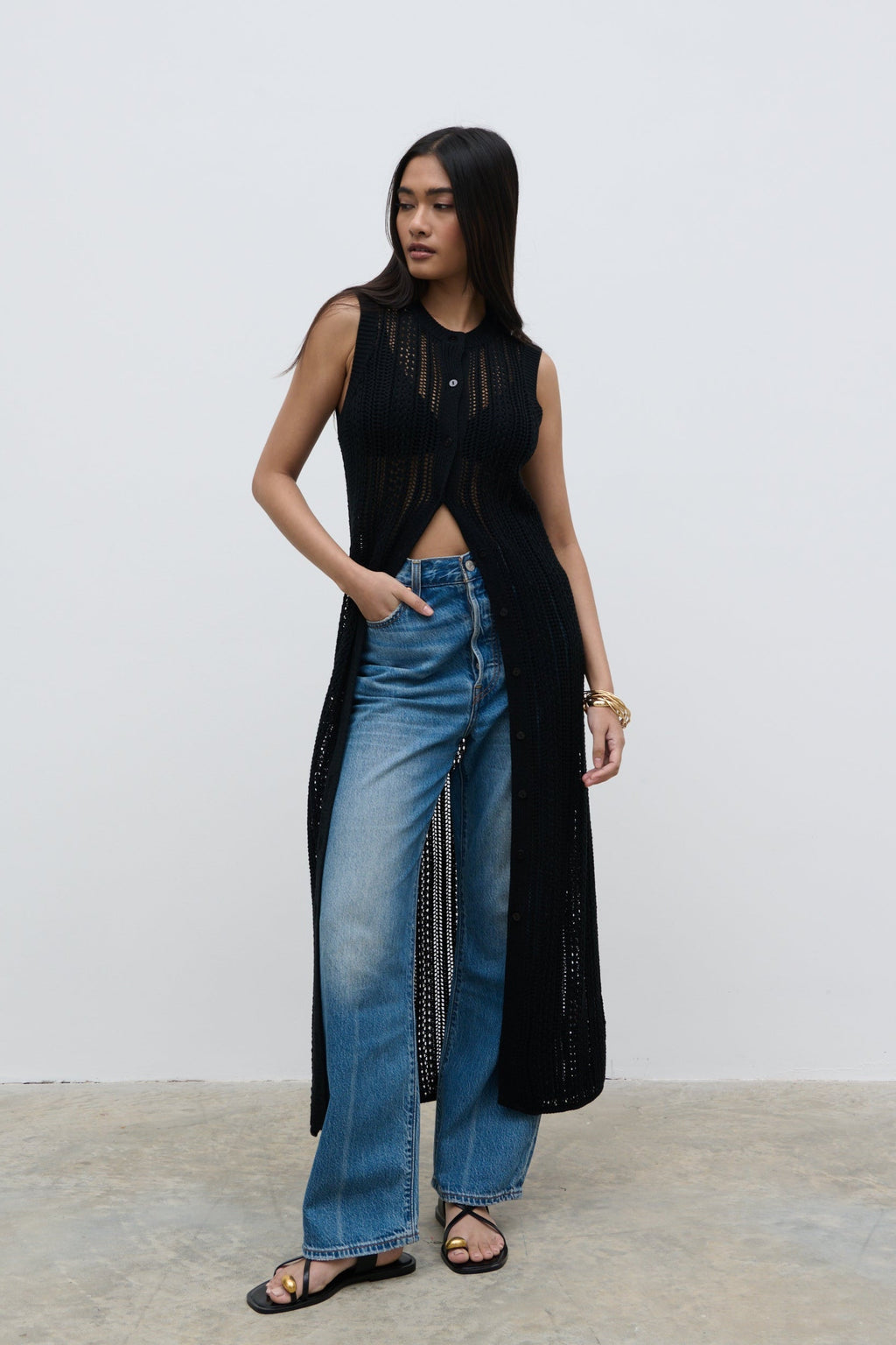 Helen Longline Open Knit Cardigan - Black