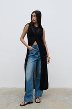Helen Longline Open Knit Cardigan - Black