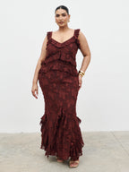 Helena Ruffle Jacquard Maxi Dress Curve - Mahogony
