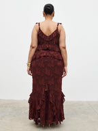Helena Ruffle Jacquard Maxi Dress Curve - Mahogony