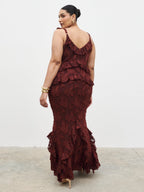 Helena Ruffle Jacquard Maxi Dress Curve - Mahogony