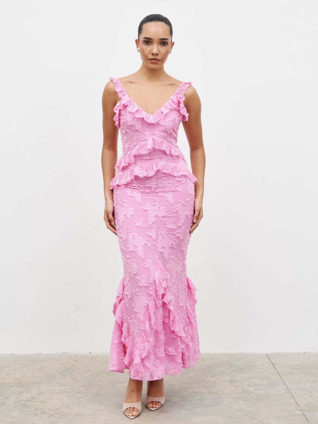 Helena Ruffle Jacquard Maxi Dress - Peony Pink