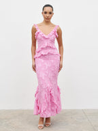 Helena Ruffle Jacquard Maxi Dress - Peony Pink