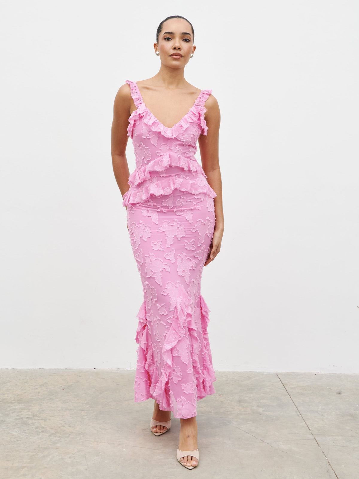 Helena Ruffle Jacquard Maxi Dress - Peony Pink