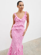 Helena Ruffle Jacquard Maxi Dress - Peony Pink