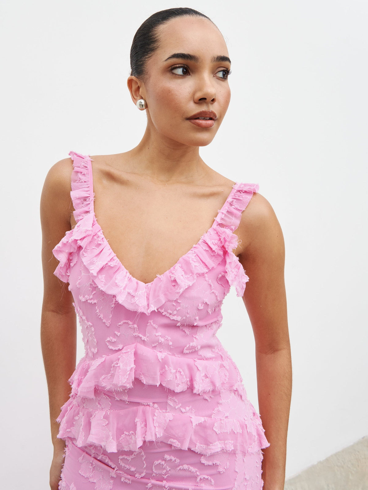 Helena Ruffle Jacquard Maxi Dress - Peony Pink