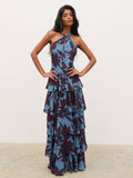 Hester Halter Neck Ruffle Maxi Dress - Blue and Fig Floral