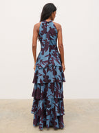 Hester Halter Neck Ruffle Maxi Dress - Blue and Fig Floral
