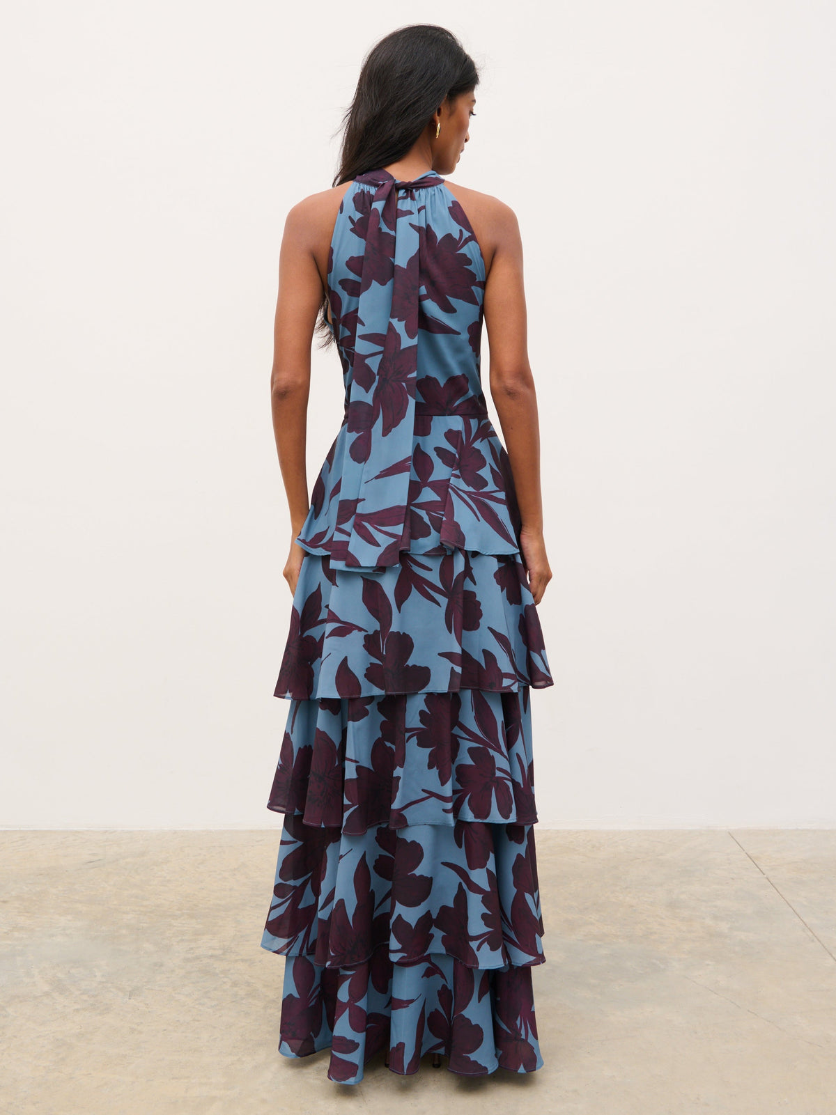 Hester Halter Neck Ruffle Maxi Dress - Blue and Fig Floral