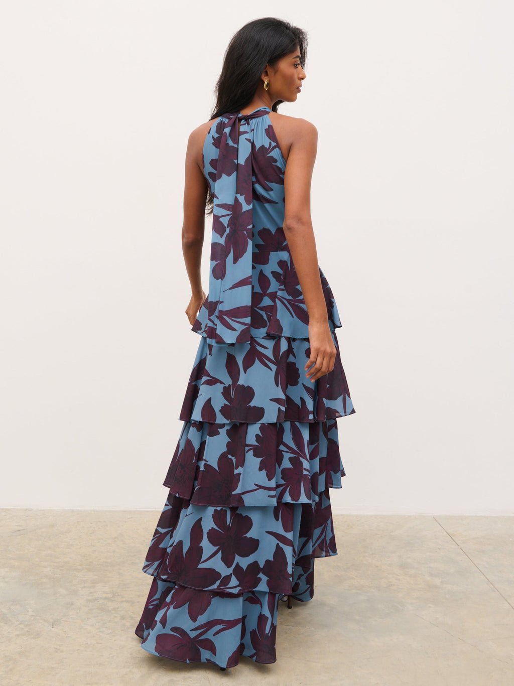 Hester Halter Neck Ruffle Maxi Dress - Blue and Fig Floral