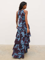 Hester Halter Neck Ruffle Maxi Dress - Blue and Fig Floral