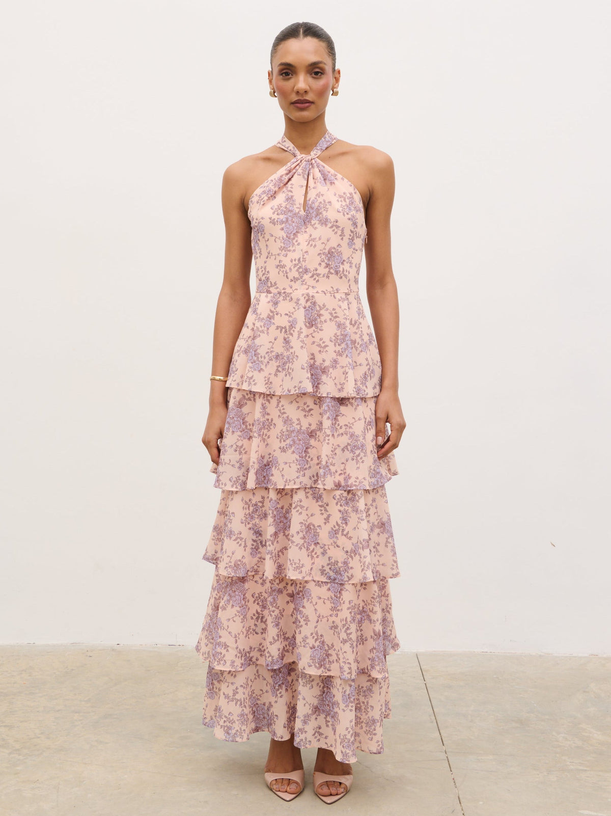 Hester Halterneck Ruffle Maxi Dress - Apricot & Lilac Floral