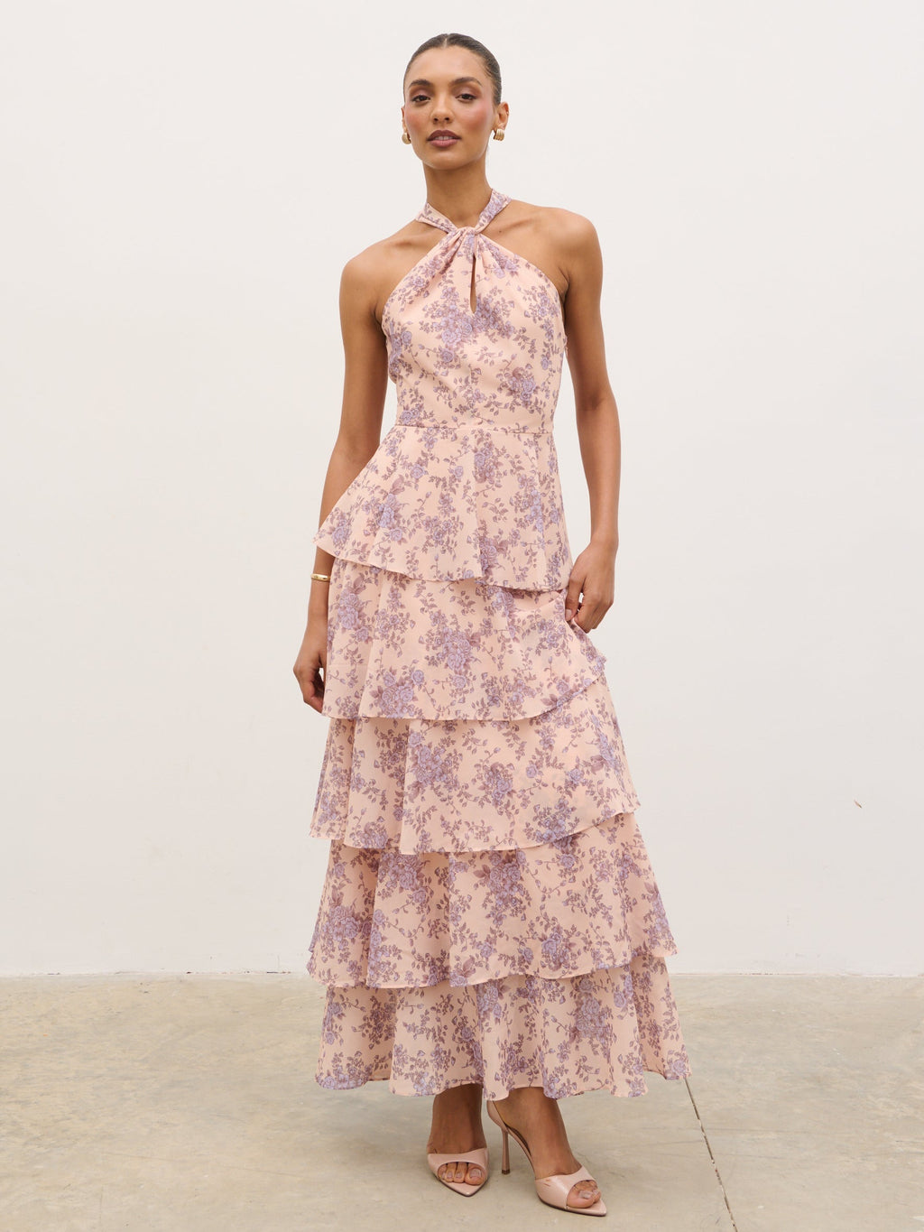 Hester Halterneck Ruffle Maxi Dress - Apricot & Lilac Floral