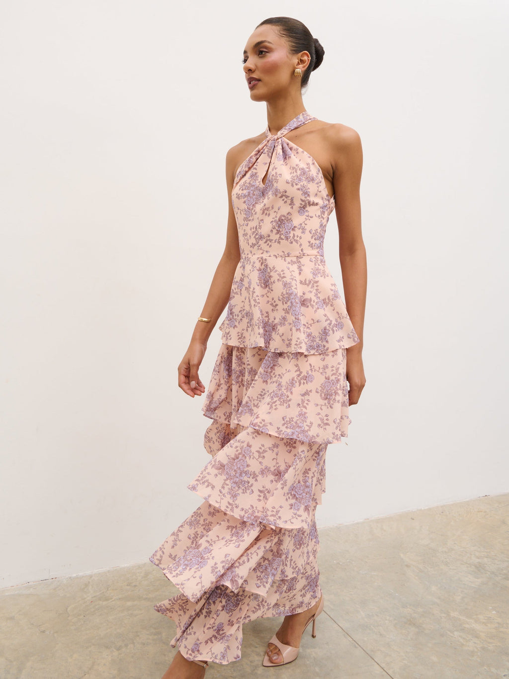 Hester Halterneck Ruffle Maxi Dress - Apricot & Lilac Floral