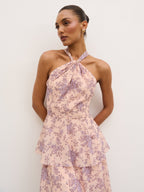 Hester Halterneck Ruffle Maxi Dress - Apricot & Lilac Floral
