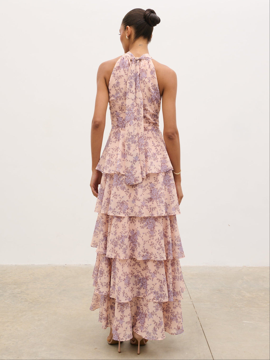 Hester Halterneck Ruffle Maxi Dress - Apricot & Lilac Floral